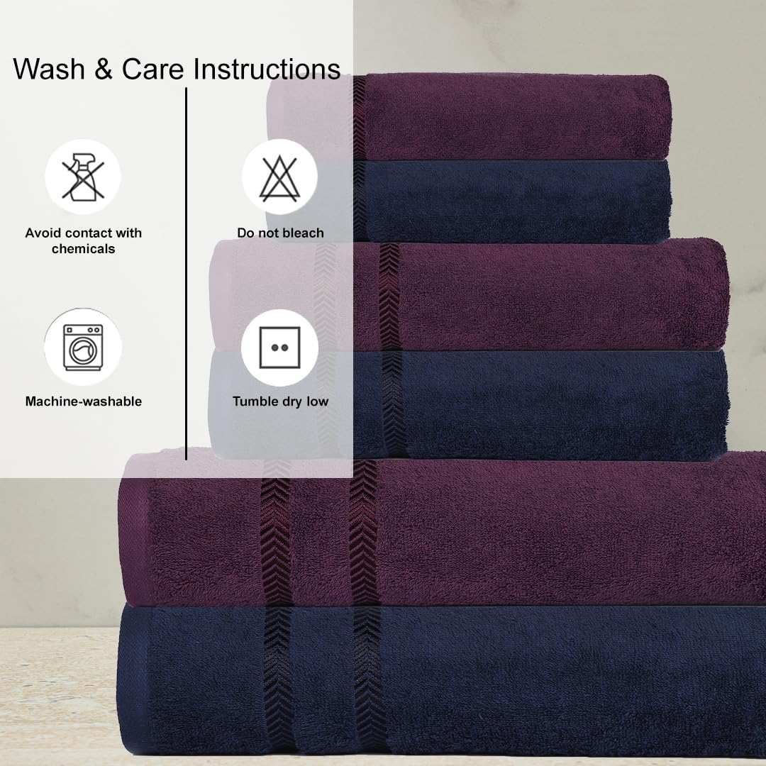 Casa Copenhagen Ember Collection 2.O 100% Super Soft Cotton 2 Bath, 2 Hand Towels & 2 Washcloths 1700 Gsm (Navy & Purple) - 6 Piece