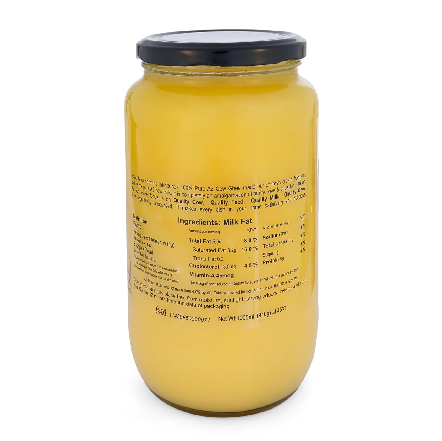 100% Natural Pure A2 Cow Ghee By Active Moo Farms | Good Source Of Vitamin A, E & Healthy Desi Cow Ghee | (1 Litr) 33.8 Ounce | Jar Pack