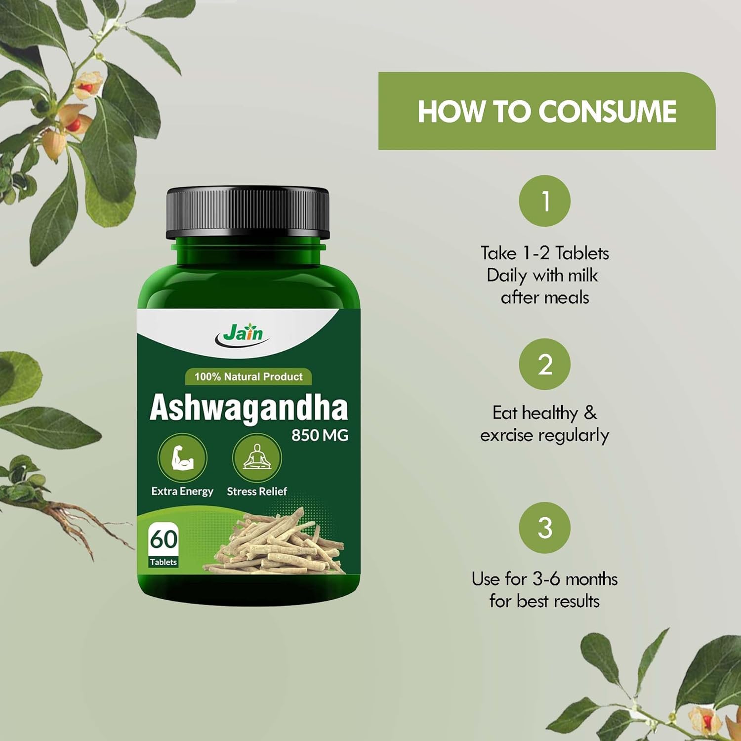 Jain Ashwagandha 850mg Tablets - Extra Energy, Stress Relief, 100% Natural, Improves Sleep, Reduces Sugar Restorative Benefits | 60 Tablets 100gm 0.2lbs