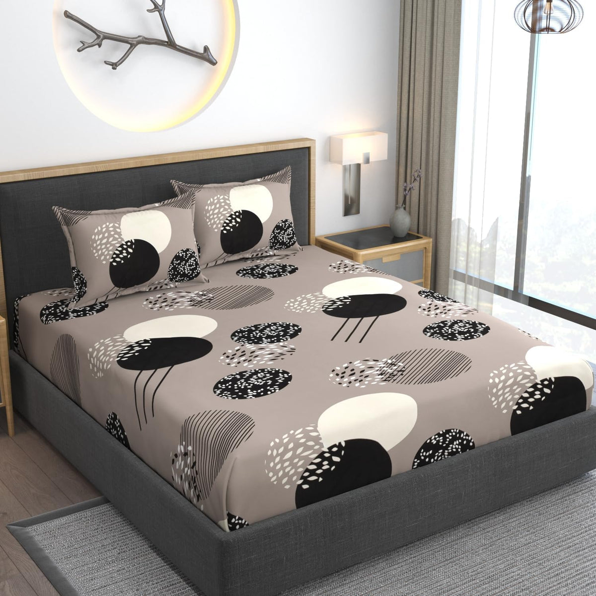 Cotton Elastic Fitted Printed Queen Size Double Bed Bedsheet With 2 Pillow Cover | 60 X 78 Inches, Black & White - Soft Touch, Wrinkle Resistant, Skin Friendly