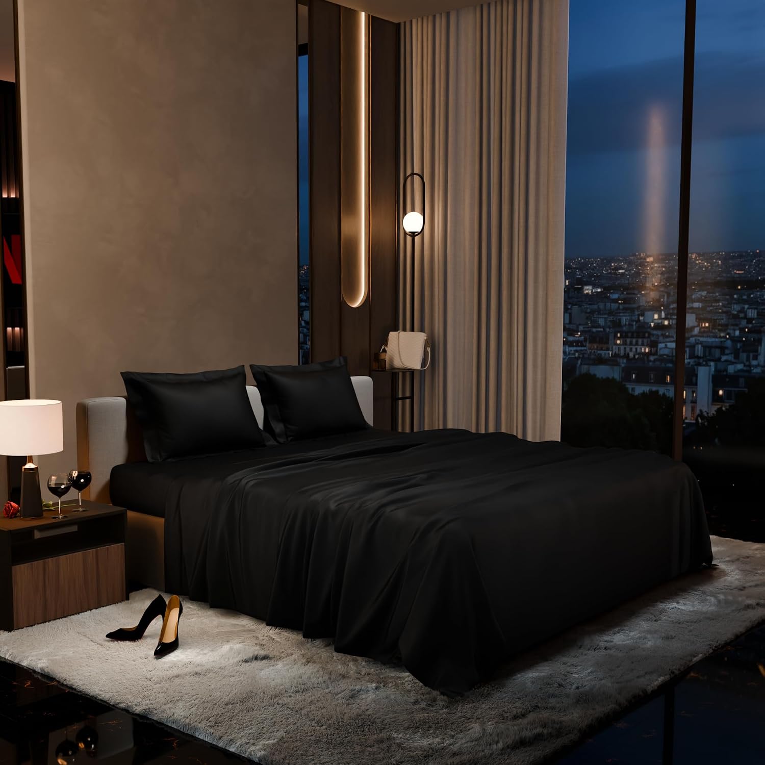 Double Bedsheet With 2 Pillow Covers - 90 X 100 Inches, Black | Ultra Satin Premium Bedding Set | Gift For Couples, Wedding, Anniversary, Date Night