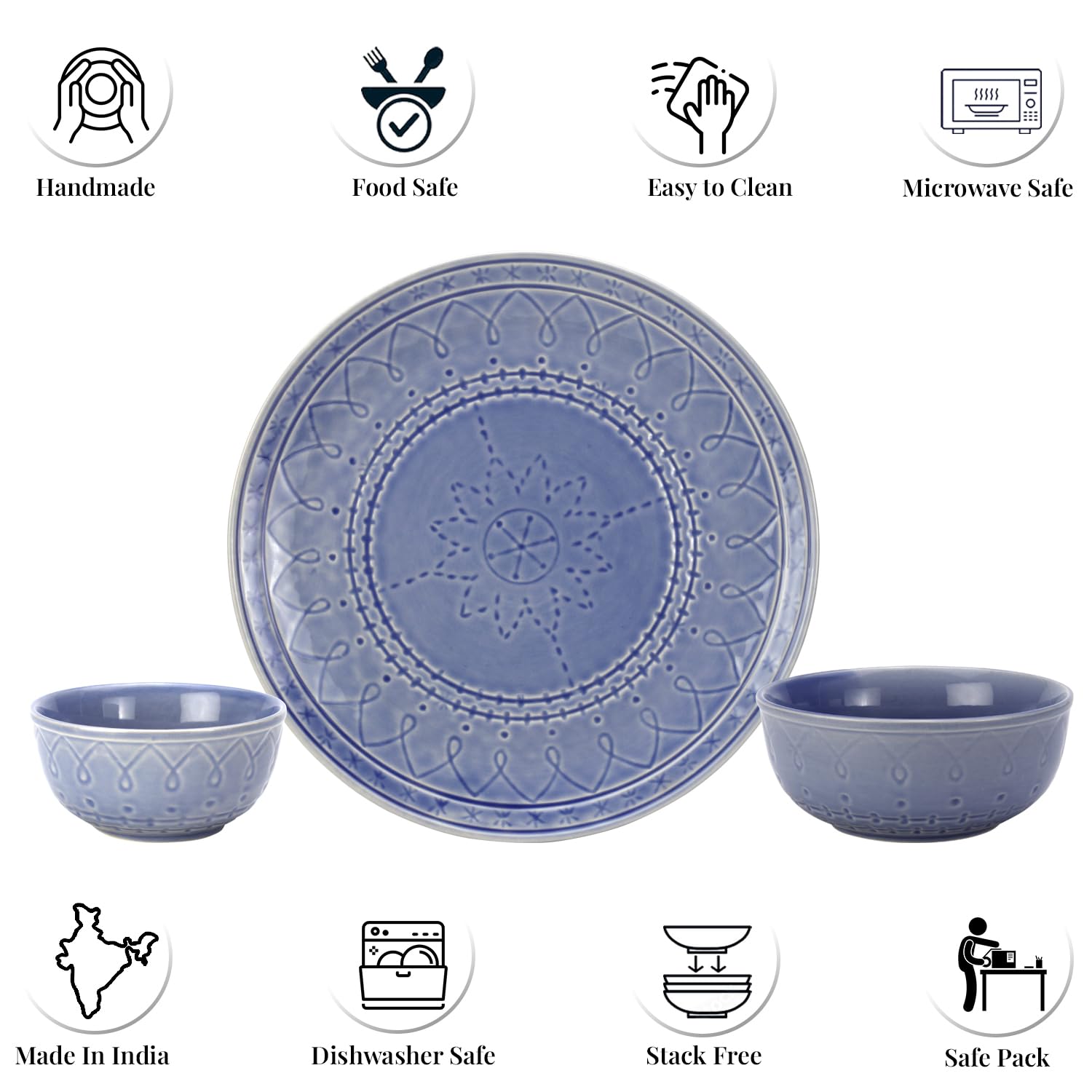 Handcrafted Ceramic Dinner Set Of 10 Pcs With Serving Bowls Set - Mist Blue | 4 Dinner Plates + 4 Small Dinner Bowl, 180ml Each + 2 Serving Bowl, 1000ml Each | Dishwasher Safe - Serving For 4