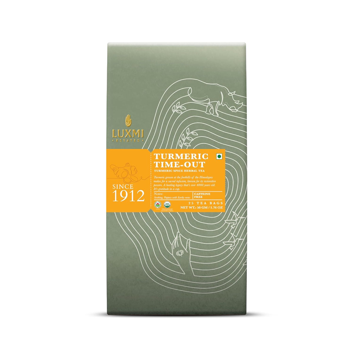 Luxmi Estates Turmeric Timeout Spice Herbal Tea - 50gm, 1.7 Ounce, 25 Tea Bags | USDA Certified Organic Herbal Tea - Caffeine Free Herbal Tea | Made With Turmeric, Ginger, Cardamom, Black Pepper