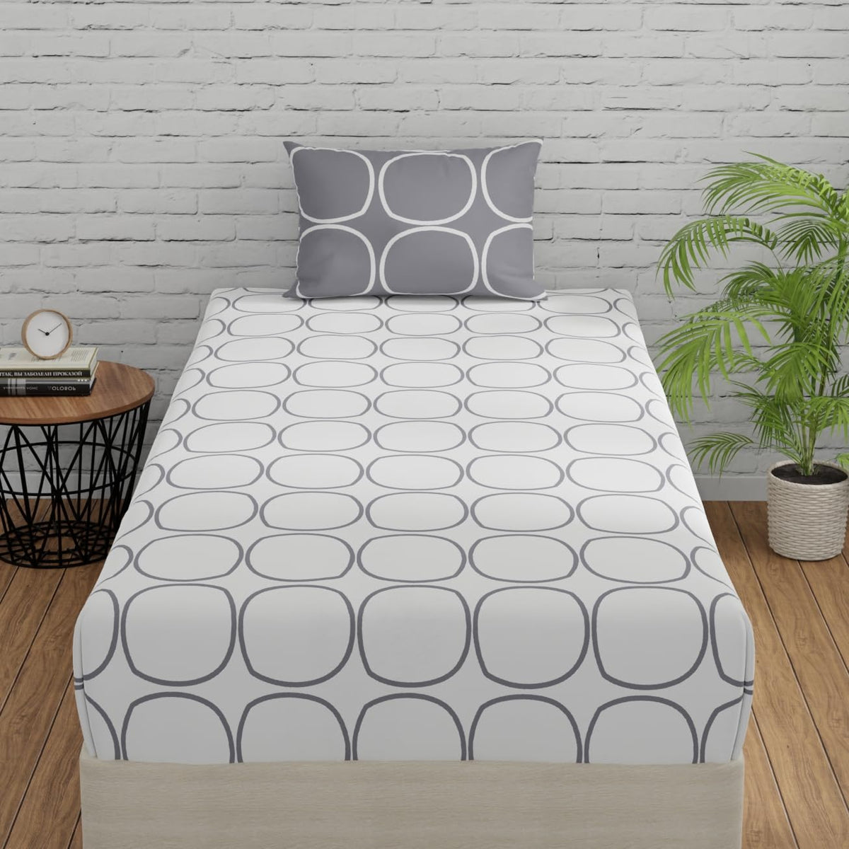 Single Bed Sheet Size - 55 X 88 Inches With 1 Pillow Covers, White & Grey | Wash Dark Colors Separately | Lightweight, Soft, & Comfortable Bedsheet