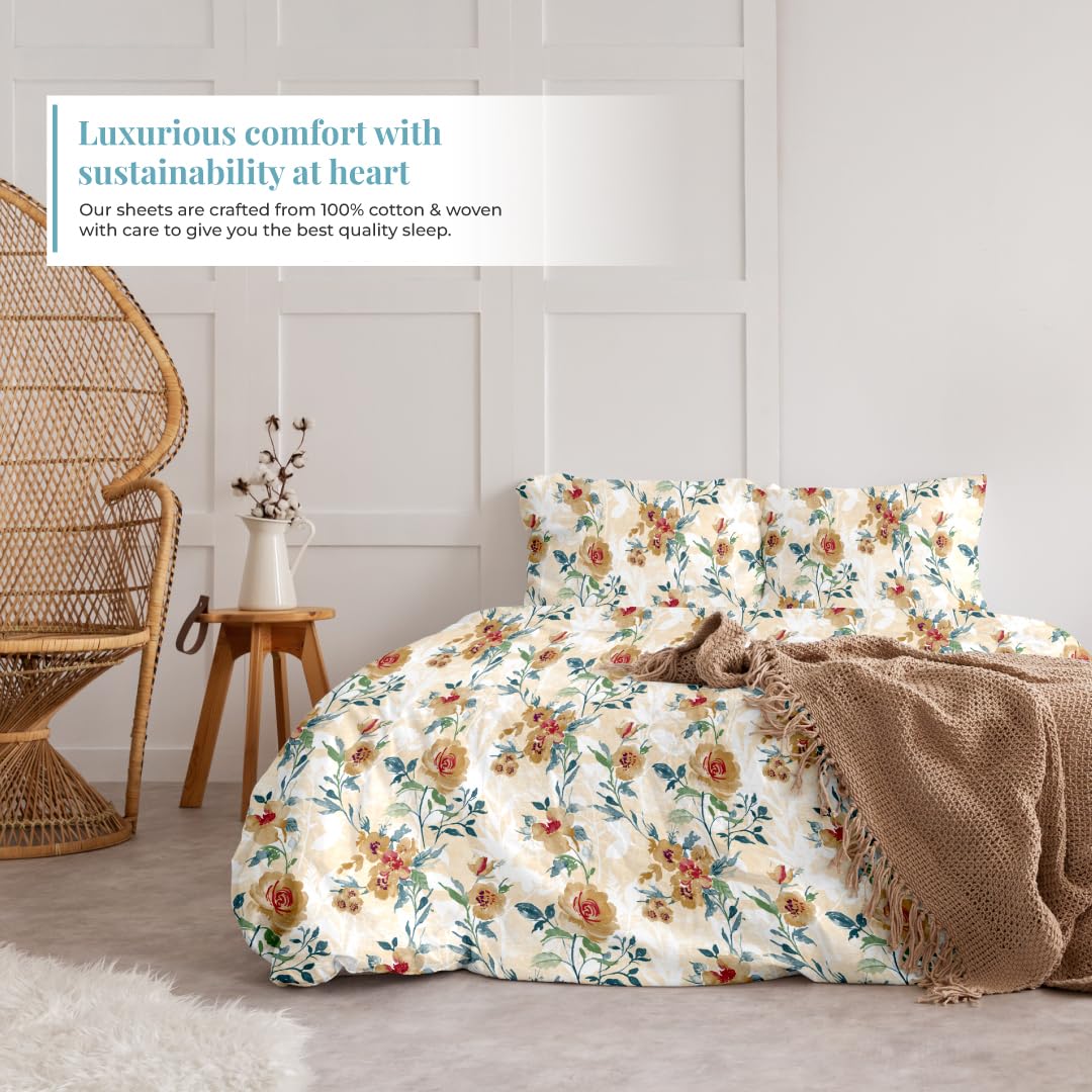 Printed Cotton Fitted Bedsheet For Double Bedsheet With 2 Pillow Covers, Bedding Set - 72x78 Inches, Peach | Sateen Weave Queen Size Bed Sheet, 12" Deep Pocket- 1 Elastic Fitted Bed Sheet