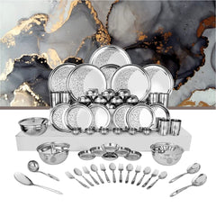 Designer Stainless Steel Leaves Shagun Laser Bloom Dinner Set Of 68 Pieces, Silver | Easy To Clean & Dishwasher Safe