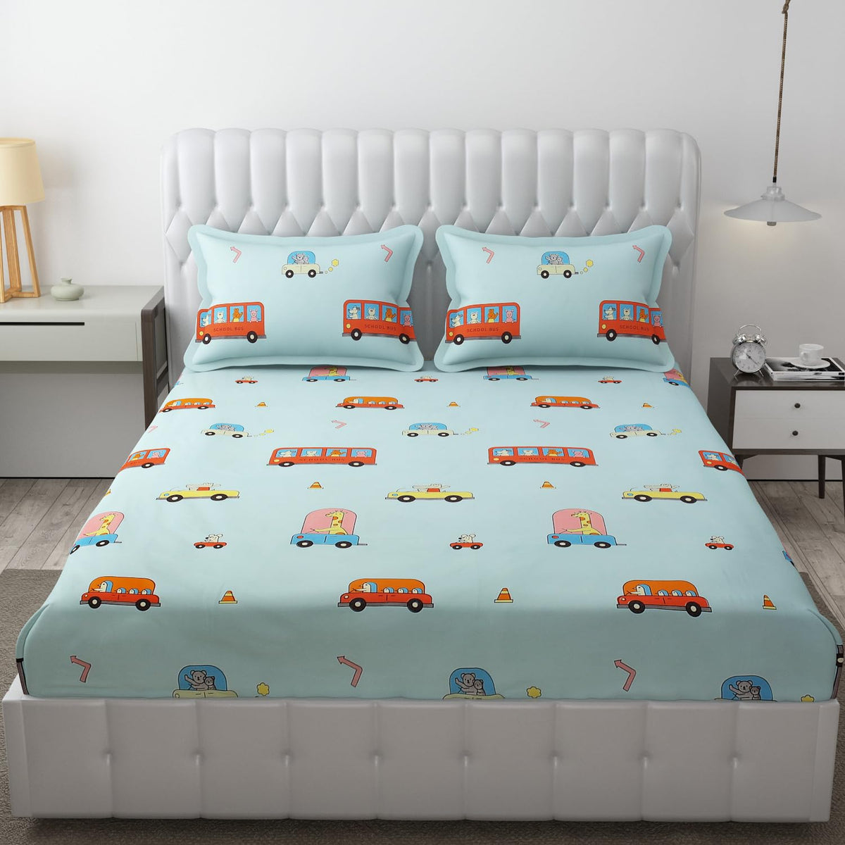 Wrinkle Free Soft Kids Double Bedsheets For King Size With 2 Pillow Cover | 90 X 95 Inches, Aqua | Cartoon Printed Design | Child Bedroom Decor