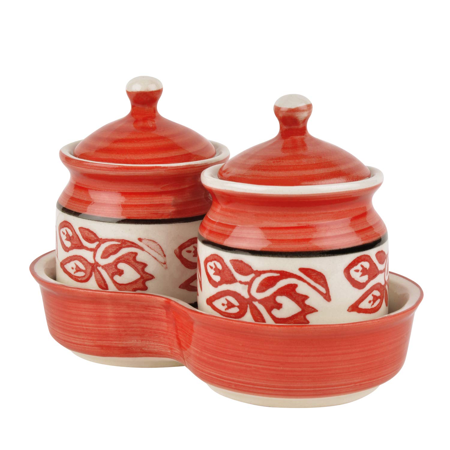 Ceramic Pickle Serving Jar Set With Tray Set Of 2 - 200ml Each, Red & White | Condiment Set - Pickle Jar Set For Dining Table | Masala Container