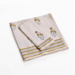 Peepul Tree Pure Cotton Hand & Bath Towel Set 310 Gsm | Hand Block Printed In Yellow Floral Pattern Handmade In India Towel (Pack Of 2)