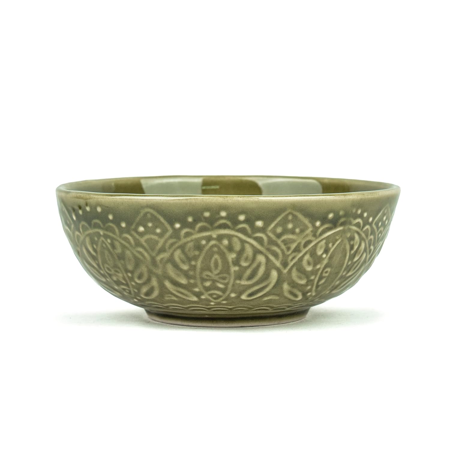 Ceramic Carving Medium Serving Bowls Set Of 2 Pcs - 630ml Each, Mehndi Green Carving | Premium Ceramic Bowls - Medium Size | Microwave Safe Bowls - Bowl Sets With Glossy Finish | Ceramic Bowl