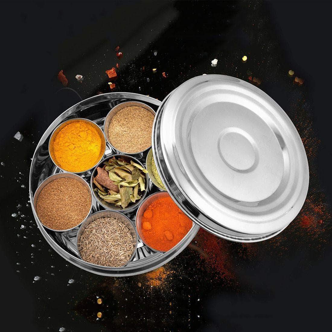 High Grade Stainless Steel Classic Spice Box With Stainless Steel Lid & 7 Containers, Silver | 7 Masala Bowls+ 1 Container+ 1 Lid