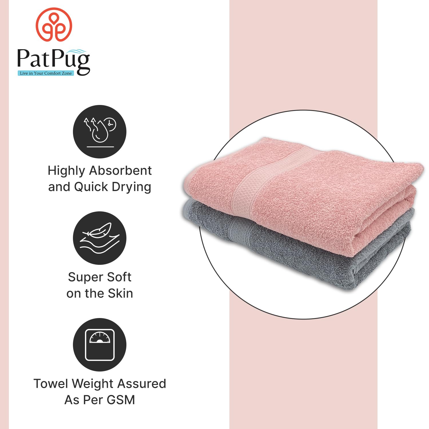 Patpug 100% Indian Ultra Soft Cotton 500 Gsm Highly Absorbent, Fade Resistant, Quick Drying Large Bath Towel (Silver Grey & Baby Pink)
