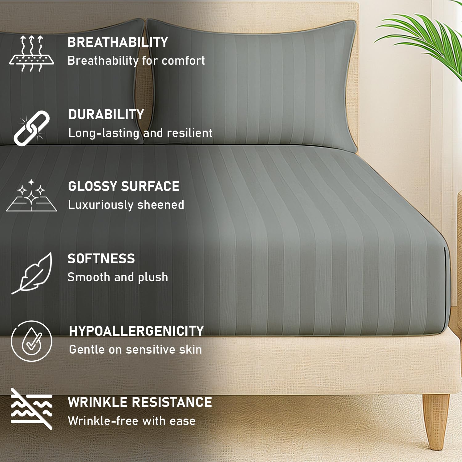 Elastic Fitted Bedsheet For Queen Size With 2 Pillow Covers | 60 X 78 Inches, Dark Grey - Soft & Comfortable Ideal For Guest Room, Hotel