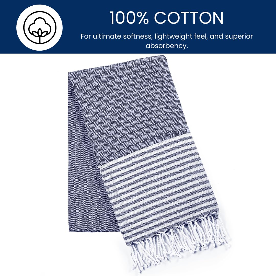 Destin Home Turkish Peshtemal Beach Towels 700 Gsm | Cotton Soft, Lightweight, Quick-Drying & Absorbent For Beach Pool Spa Picnic Travel (Navy Blue)- Set Of 2
