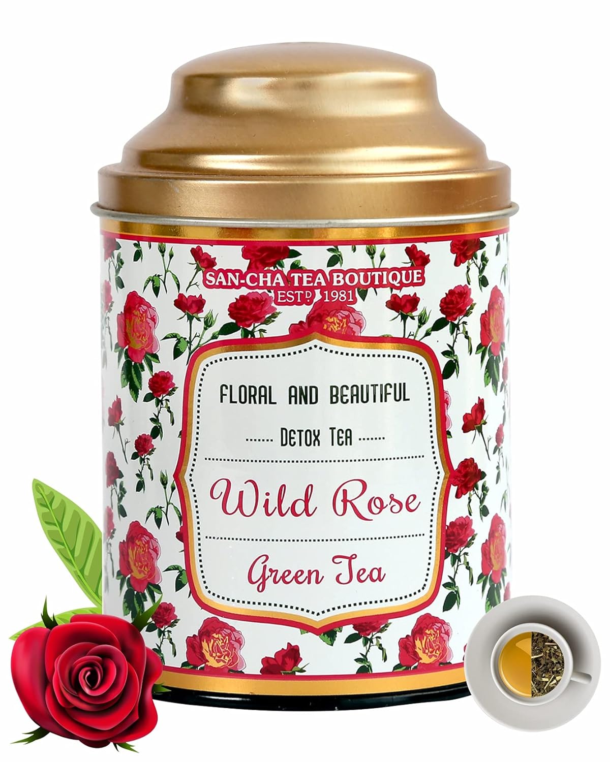 San-Cha Wild Rose Green Tea - 100gm, 3.5 Ounce | Floral & Beautiful Detox Tea - Promotes Skin Glow & Skin Health | Low Bitterness, Low Caffeine