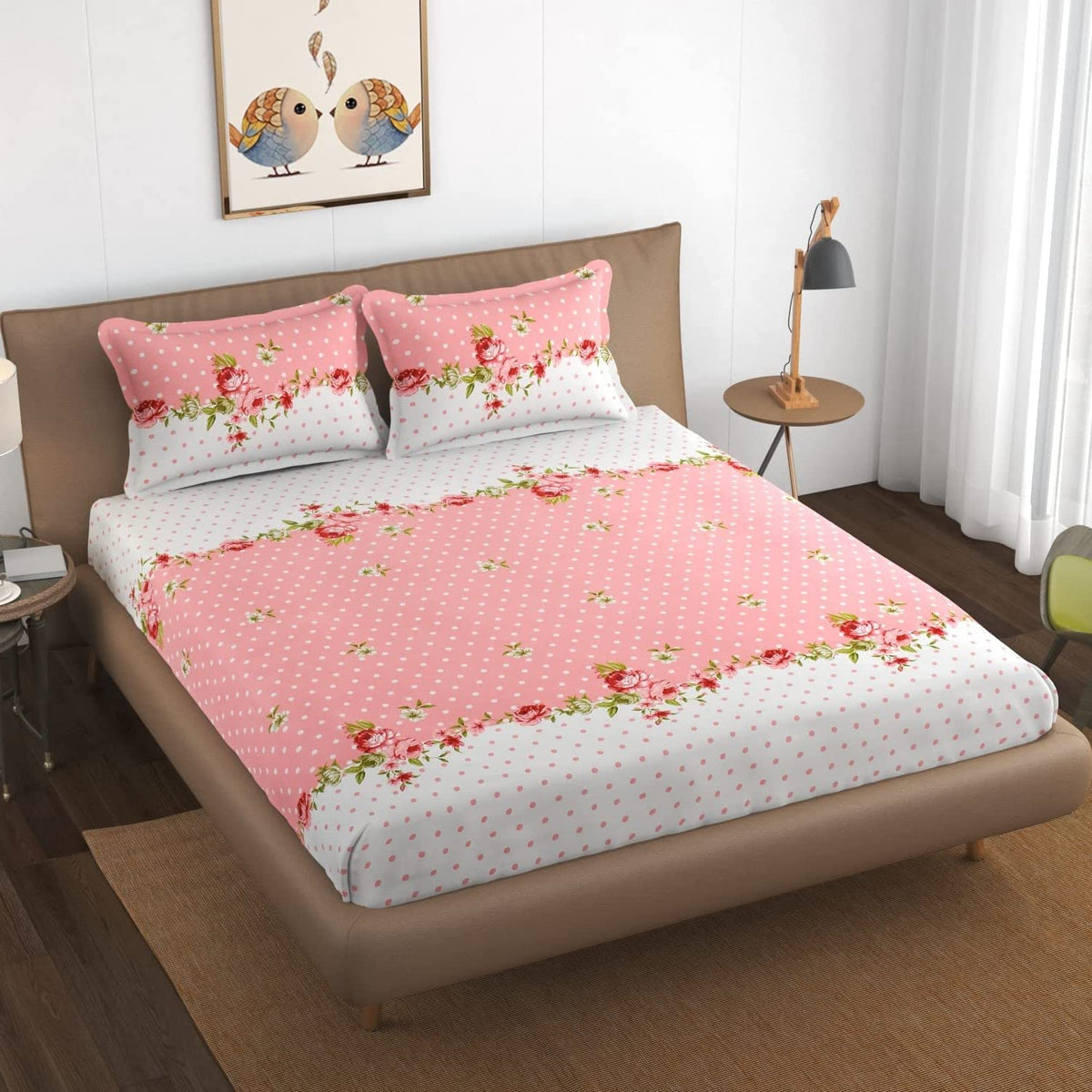 Printed Double Bedsheet For Queen Size With 2 Large Pillow Covers | Size - 60 X 78 X 10 Inches, White & Pink - Cotton Feel All Around Elastic Fitted Glace Bedsheet