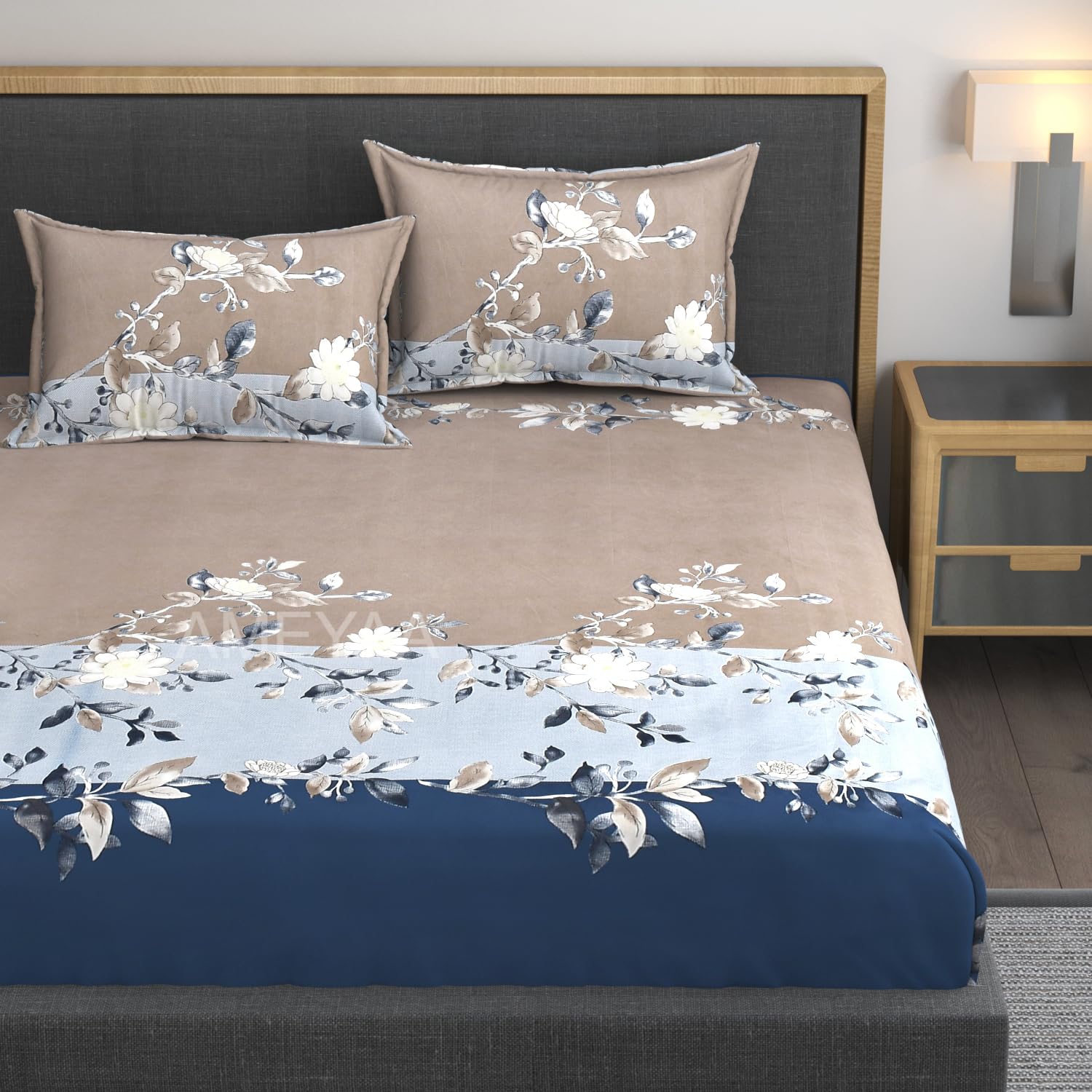 Cotton Bedsheets Feel Glace All Around Elastic Fitted Floral Bedsheets King Size - 78 X 72 X 10 Inches, Navy | Premium Super Soft Fitted Bedsheet For Double Bed