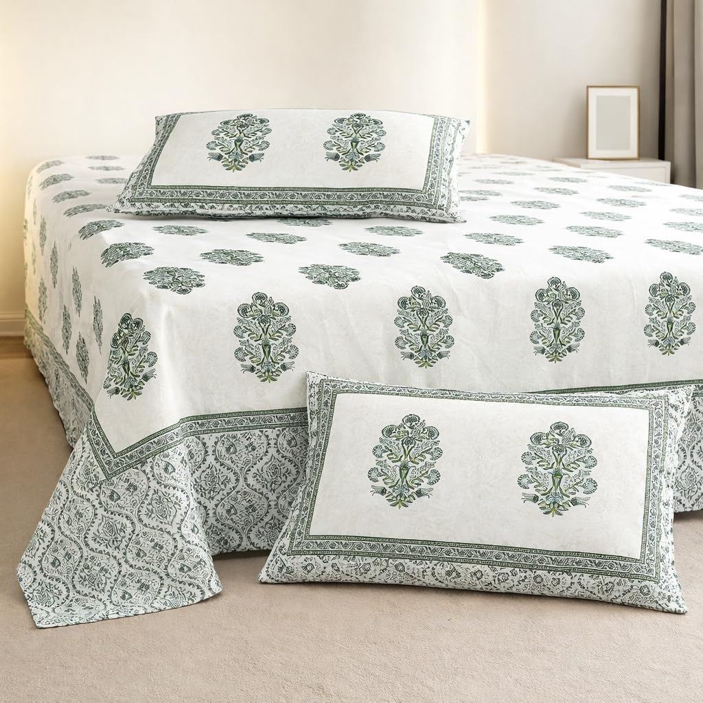 Hand Printed Cotton Bedsheet For King Size With 2 Pillow Covers | 90 X 108 Inches, White & Green | Ultra-Soft & Skin-Safe | Breathable Summer Comfort