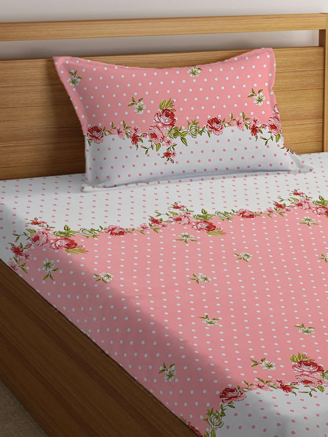 Floral Print Cotton 1 Single Bedsheet With 1 Pillow Cover - 60 X 90 Inches, Pink & White | Soft & Breathable Fabric, Skin-Friendly Bed Sheet For All Seasons