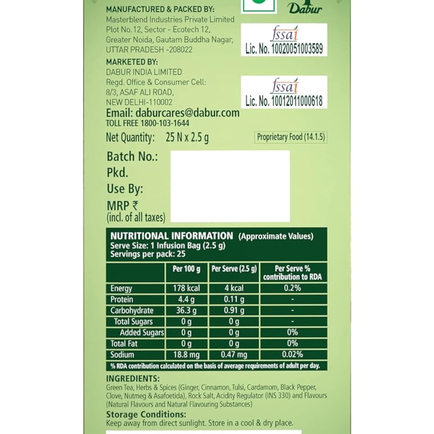 Dabur Vedic Detox Kahwa Green Tea - 25 Tea Bags | Blend Of 8 Real Ayurvedic Herbs & Rock Salt - Helps In Detoxification, Improves Digestion | Caffeine Free