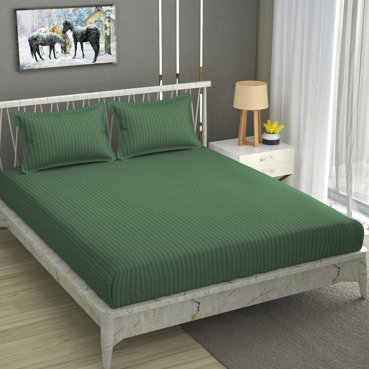 Cotton Elastic Fitted King Size Double Bed Bedsheet With 2 Pillow Covers - 72x78x6 Inches, Dark Green | Durable Bedsheets For Everyday Comfort