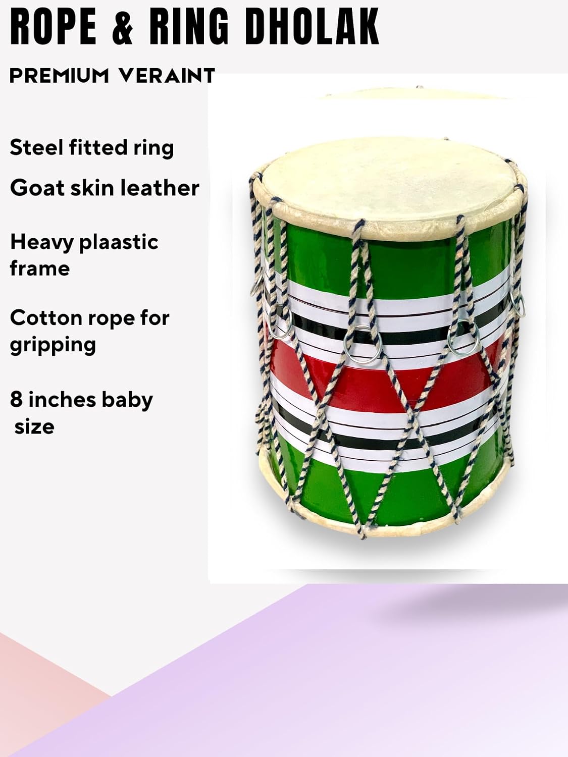 Indian Handmade Rope & Ring Baby Dholak 8 Inches - Red, Green, White | Perfectly Symmetric Round Dholak - Dholak For Festival, Wedding, Satsang | Very Easy To Tune