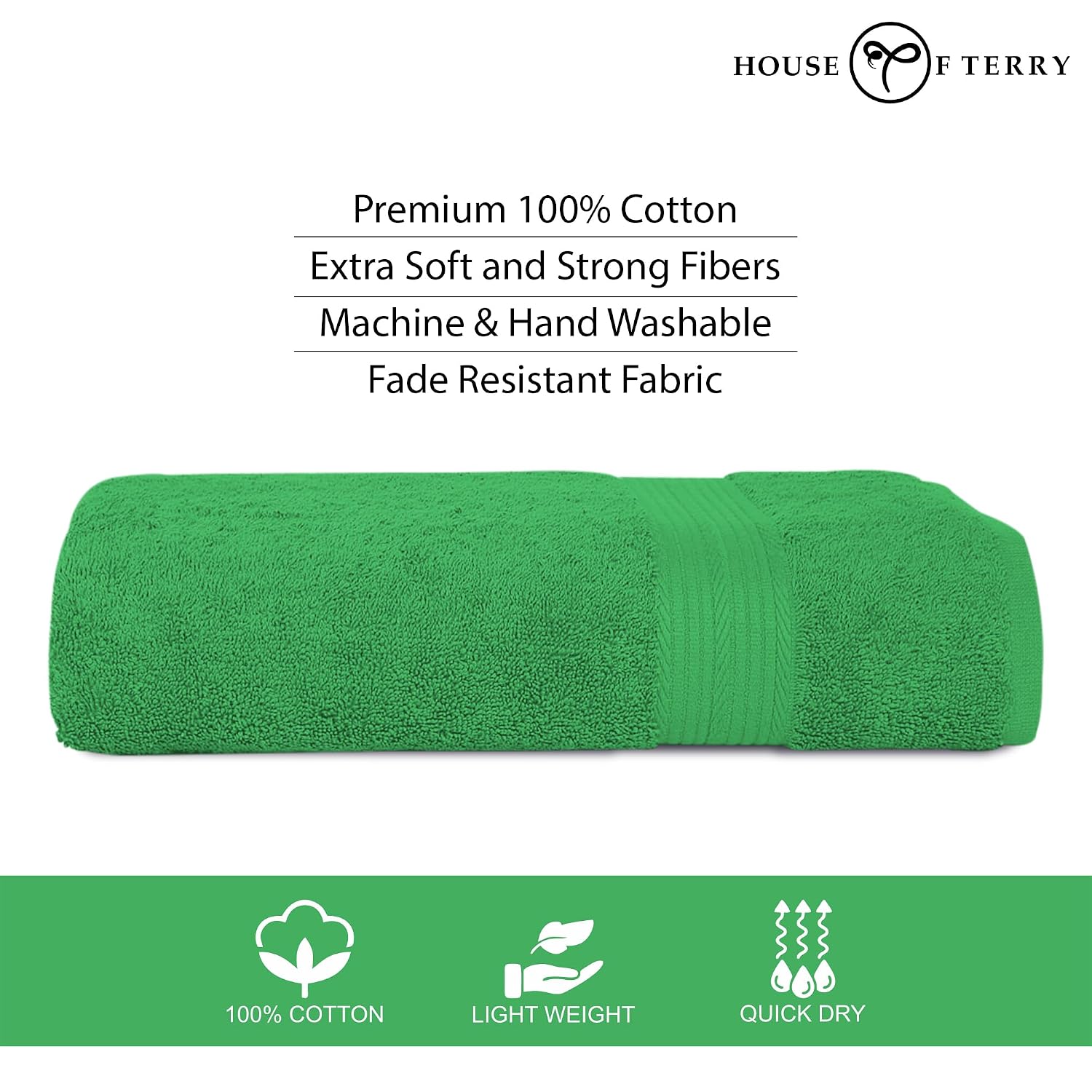 House Of Terry 100% Cotton Bath Towel 500 Gsm | Quick Dry, Soft & Absorbent, Fade-Resistant, Skin-Friendly, For Men & Women Towel (Spring Green)