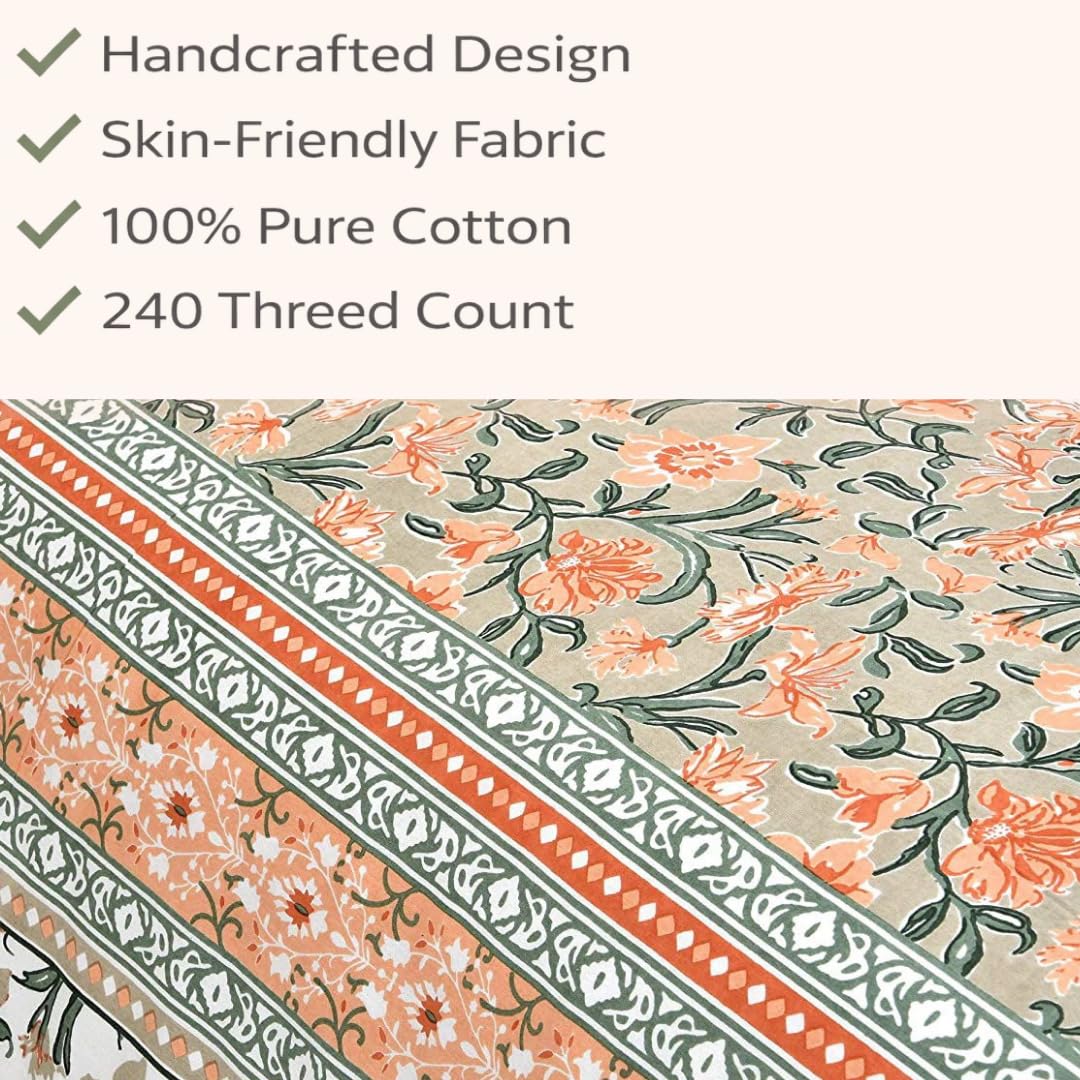 Hand Printed Cotton Bedsheet For King Size With 2 Pillow Covers | 90 X 108 Inches, Mustard | Ultra-Soft & Skin-Safe | Breathable Summer Comfort