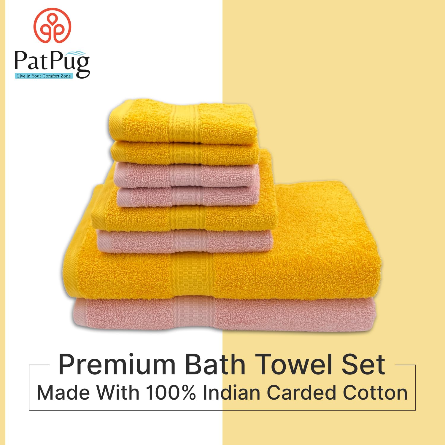 Patpug 100% Indian Cotton Plush Towel Set 2000 Gsm | Highly Absorbent, Fade Resistant, Quick Drying 2 Bath, 2 Hand & 4 Face Towel (Sunrise Yellow & Baby Pink) - 8 Piece