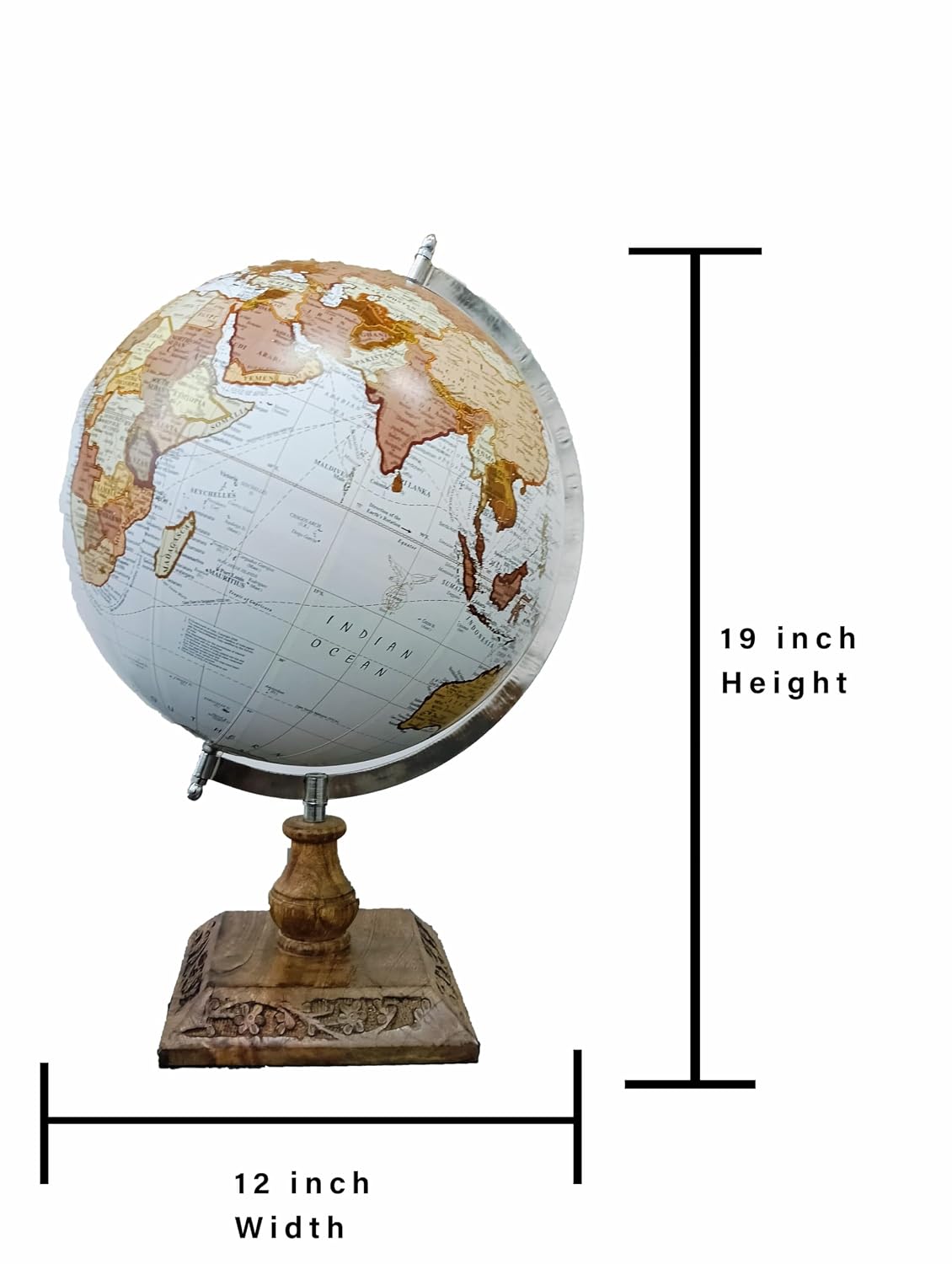 Rotating World Globe 12 Inch With Gold Arc & Wooden Stand For Show Piece For Home, Office, Study Table Decor, Birthday, Party Gifts For Students, White, Pack Of 1