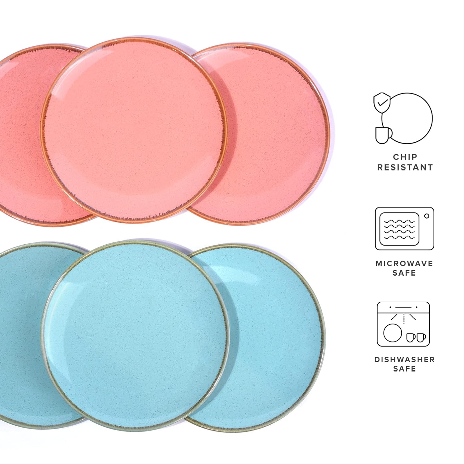 Ceramic Dinner Plates Set Of 6 Pieces - 3 Pink + 3 Blue Sprinkle Series | Ceramic Plates Set With Glossy Finish - Ceramic Dinner Plates | Set Of 6 Plates For Dinner