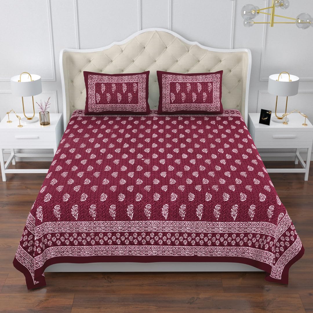 Printed Cotton Double Bedsheet For King Size With 2 Pillow Covers (95 X 108 Inches) Dark Red | 280 Thread Count - Pure Cotton Natural Fabric & Skin-Safe | Extra Soft & Wrinkle Free