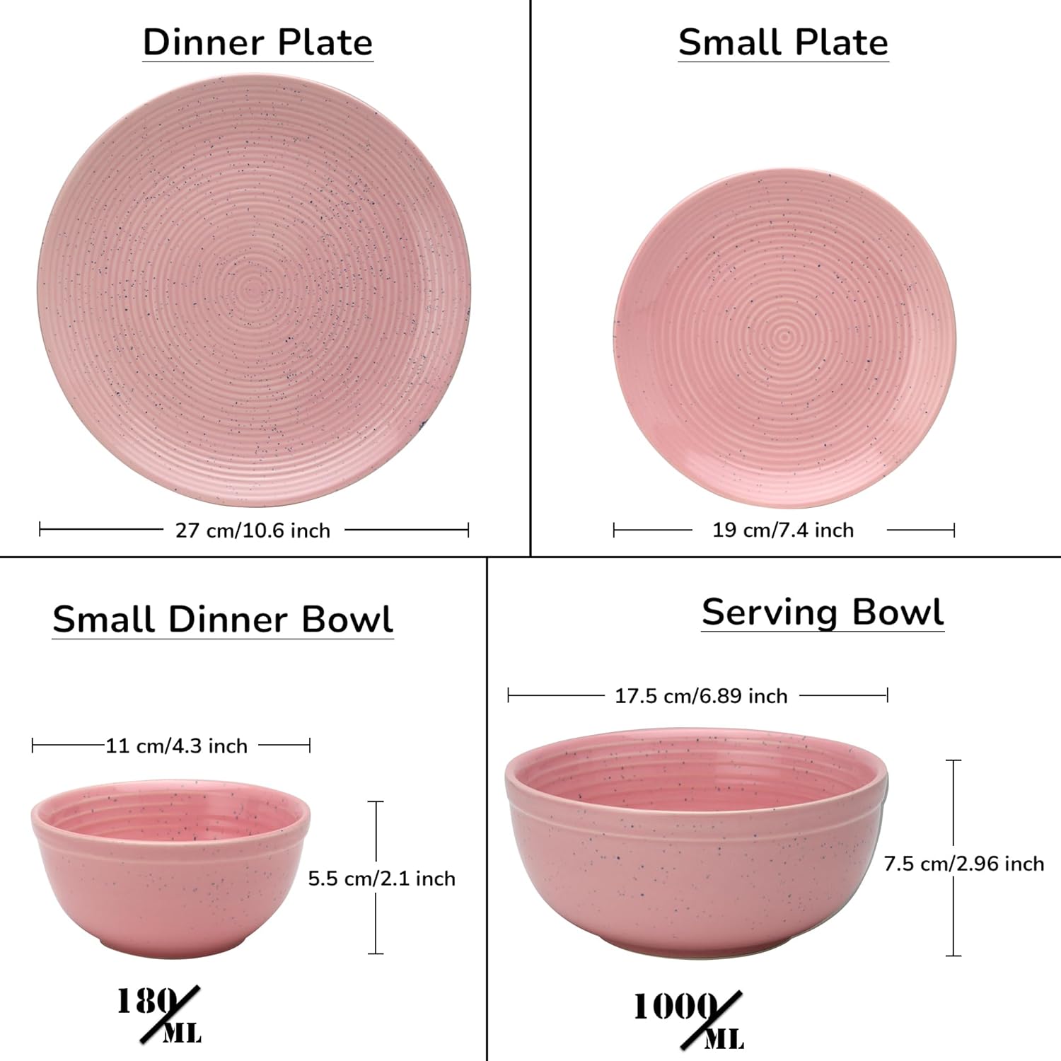 Handcrafted Ceramic Stoneware Dinner Set Of 14 Pieces With Serving Bowl Set - Blush Pink | 4 Dinner Plates + 4 Small Plates + 4 Dinner Bowl, 180ml Each+ 2 Serving Bowl, 1000ml Each - Microwave Safe