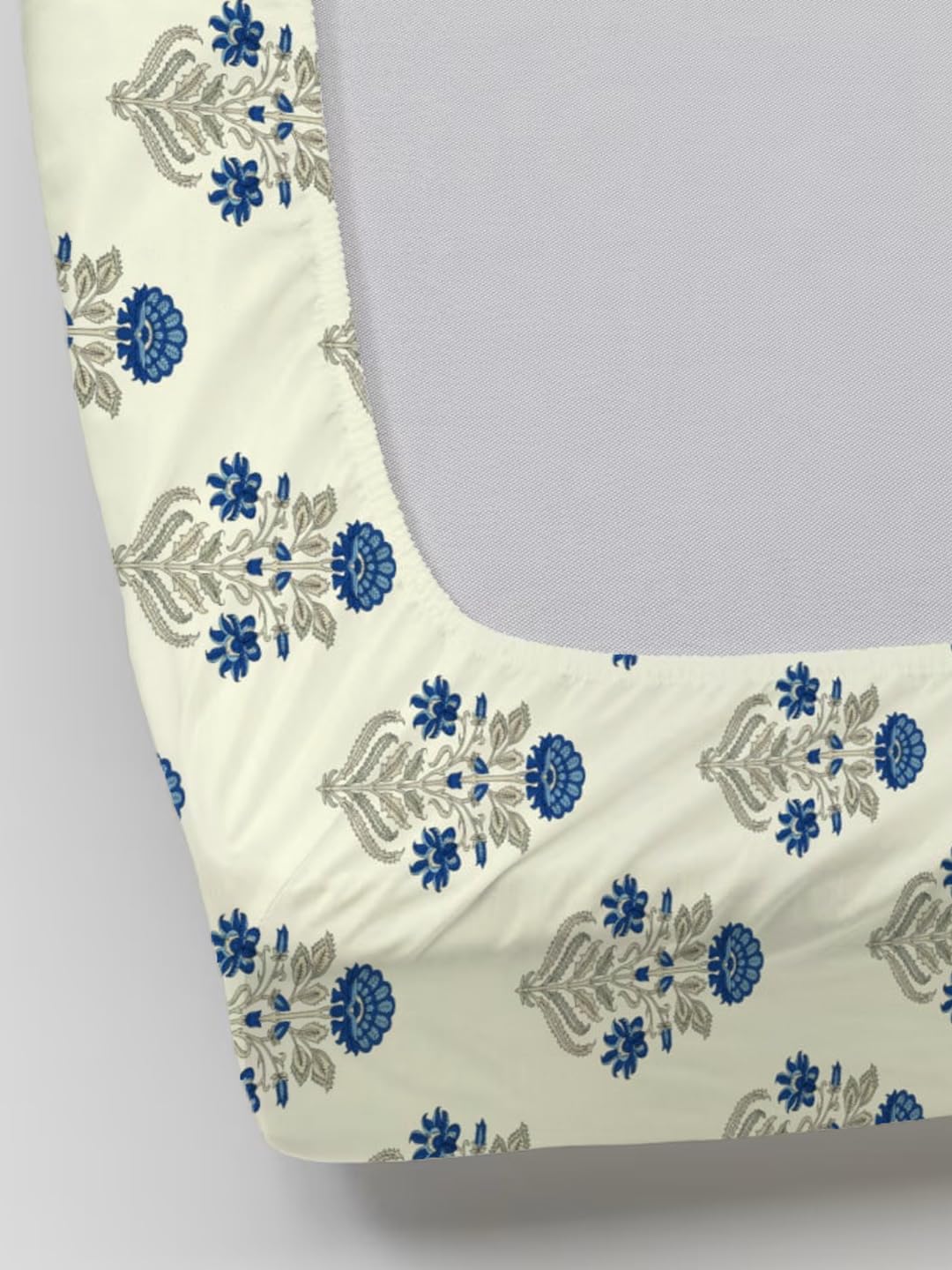 Printed Single Size Bedsheet With 1 Pillow Cover - 36 X 72 Inches, Cream & Blue | All Around Elastic Fitted Bedsheet | Durable & Long Lasting Wrinkle Resistant Fabric