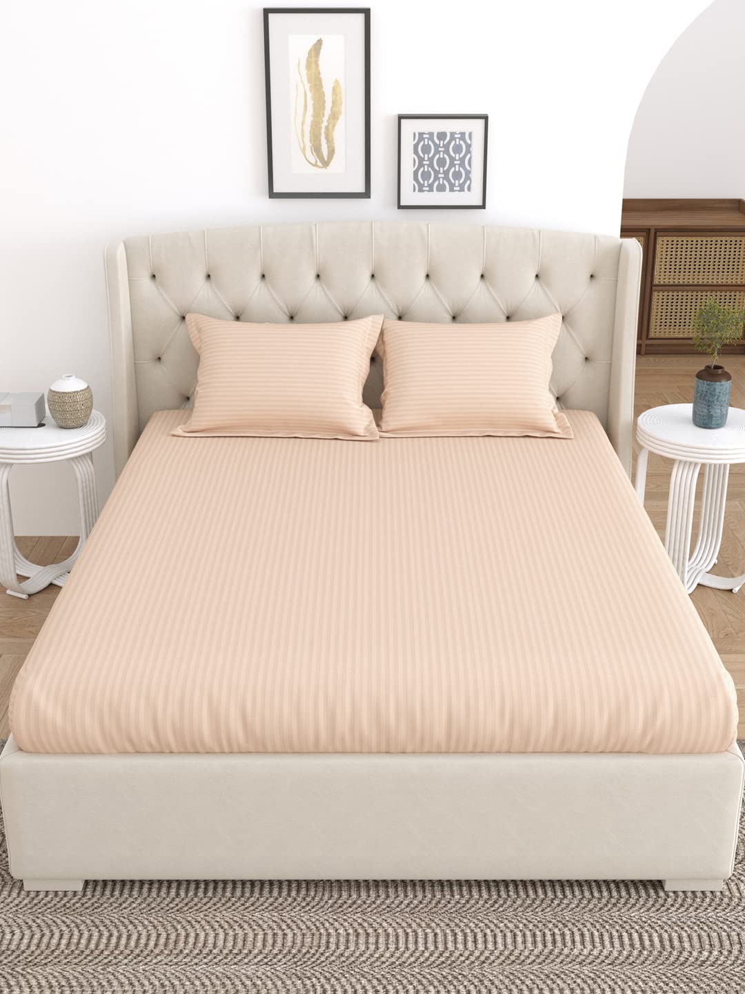 King Size Fitted Bedsheet With 2 Pillow Cover - 72 X 78 Inches, Beige | Super Soft Premium Brushed Glace Cotton Bedsheet, Breathable & Wrinkle Free