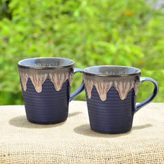 Studio Pottery Flow Design Ceramic Coffee Mugs Set Of 2 - 300ml Each, Blue | Milk Mugs - Chai Cups - Tea Cups & Mugs