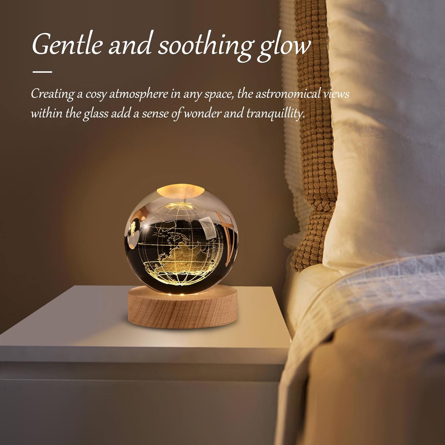 3D Earth Crystal Ball Night Light Glass Ball Night Lamp With Wooden Base, Led Galaxy Planet Night Light Bedroom Decor For Multi Purpose Warm White Light (Globe) Pack Of 1