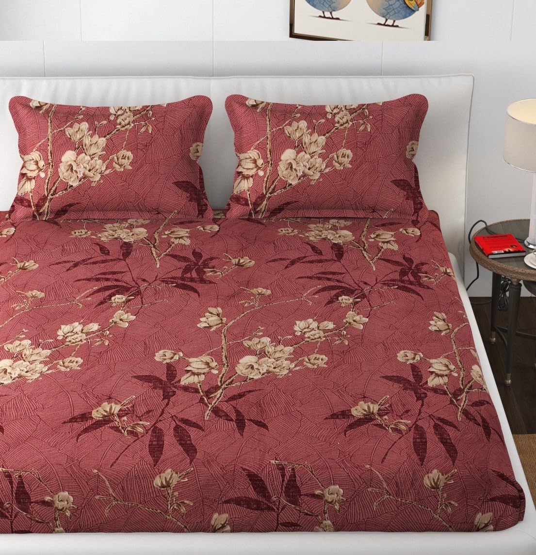 Elastic Fitted Double Bedsheets For King Size With 2 Pillow Covers - 72 X 78 X 10 Inches, Maroon | Premium Heavy Cotton All Around Elastic Fitted | Ideal For Hotel, Home, Bedroom