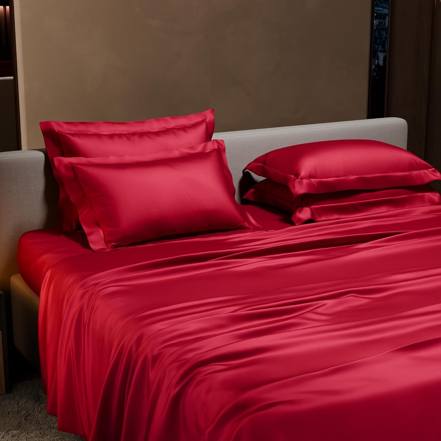 Bedding Set 1 Bedsheet King Size With 4 Pillow Cover - 108 X 108 Inches, Flirty Red | Wedding, Bedroom, Date Night Collection | 300 Thread Count