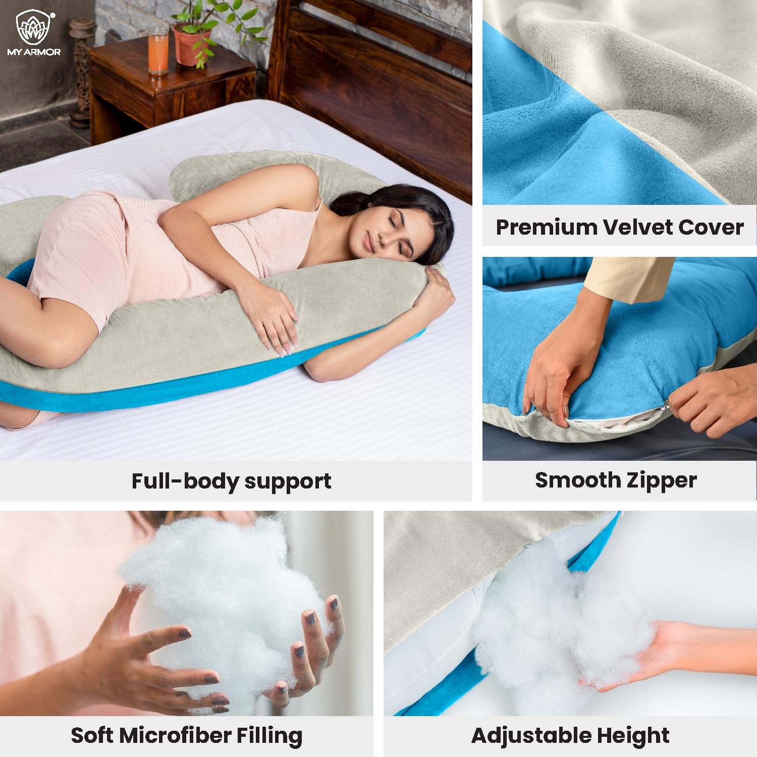 Full Body C Shape Pregnancy Pillow For Women, Maternity Pillow, Cream & Sky Blue | Pillow Gift For Pregnancy Sleeping, Premium Velvet Cover With Zip | Adjustable, Relieves Pain, Multipurpose