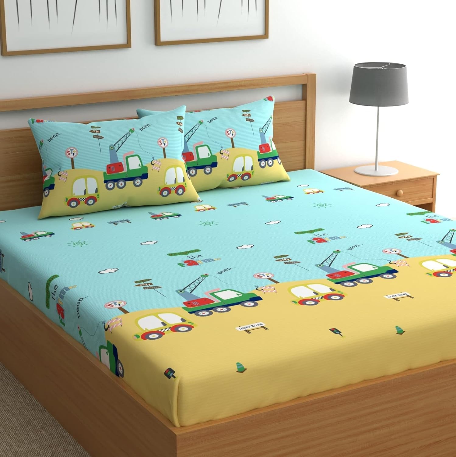 Cartoon Printed Double Bedsheet For Kids With 2 Pillow Cover - 72 X 78 X 10 Inches, Yellow & Aqua | Cotton Feel All Around Elastic Fitted King Size Double Bed