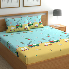 Cartoon Printed Double Bedsheet For Kids With 2 Pillow Cover - 72 X 78 X 10 Inches, Yellow & Aqua | Cotton Feel All Around Elastic Fitted King Size Double Bed