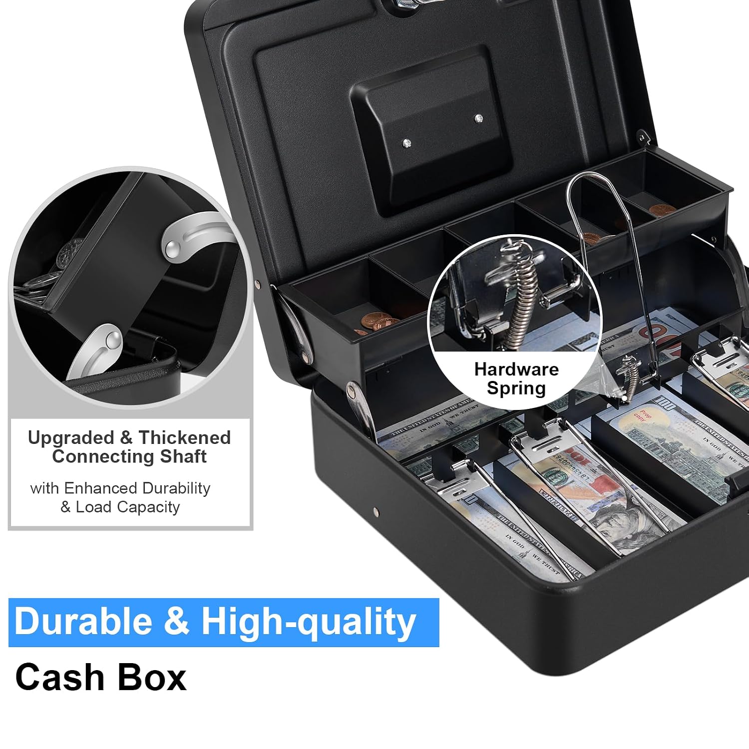 Cash Box With Lock & 2 Keys, Metal Money Box With Cash Tray, Portable Lock Safe Box, 4 Bill, 5 Coin Slots, Large Cash Boxes For Small Business 11.8 X 9.5 X 3.5 Inch, Colour - Top Key Black