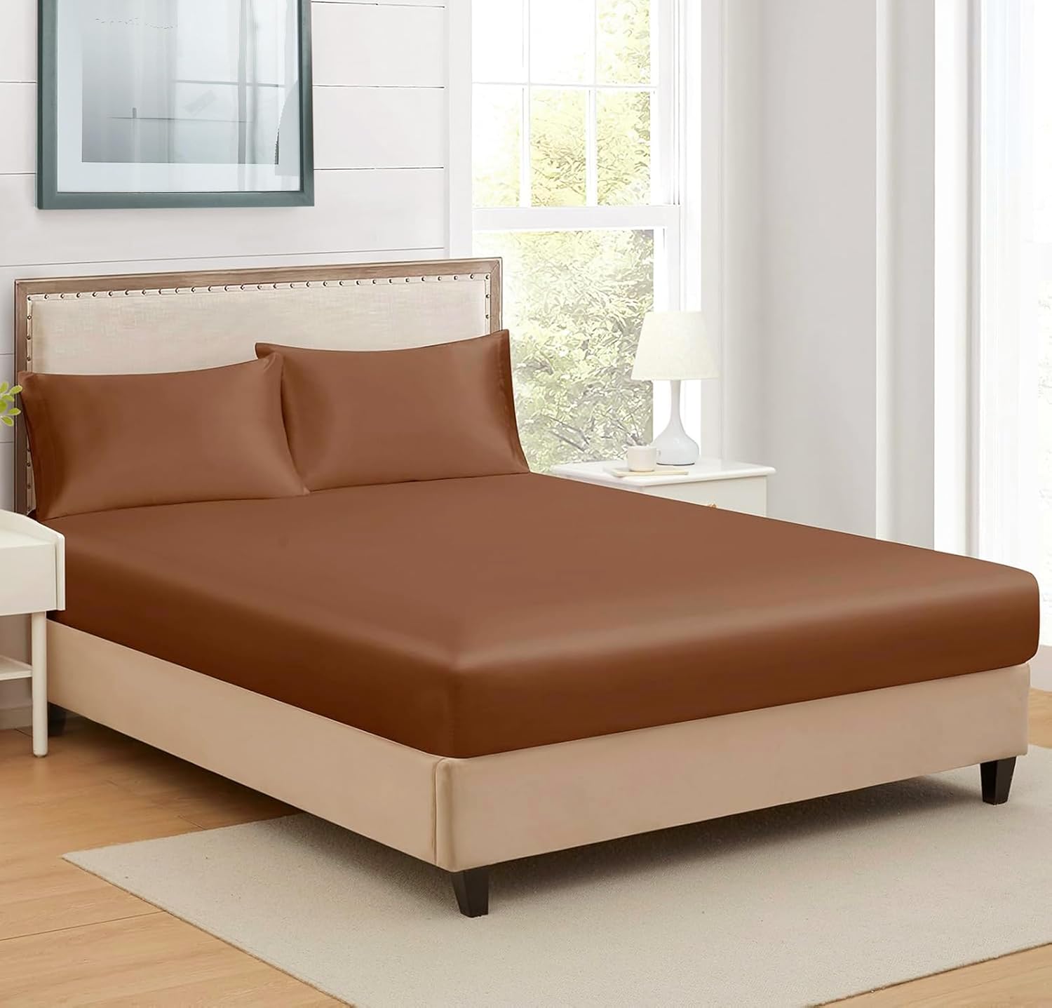 Satin Fitted Solid Bedsheet King Size With 2 Pillow Cover - 72 X 78 X 10 Inches, Brown | Lightweight & Breathable, Perfect For All Seasons
