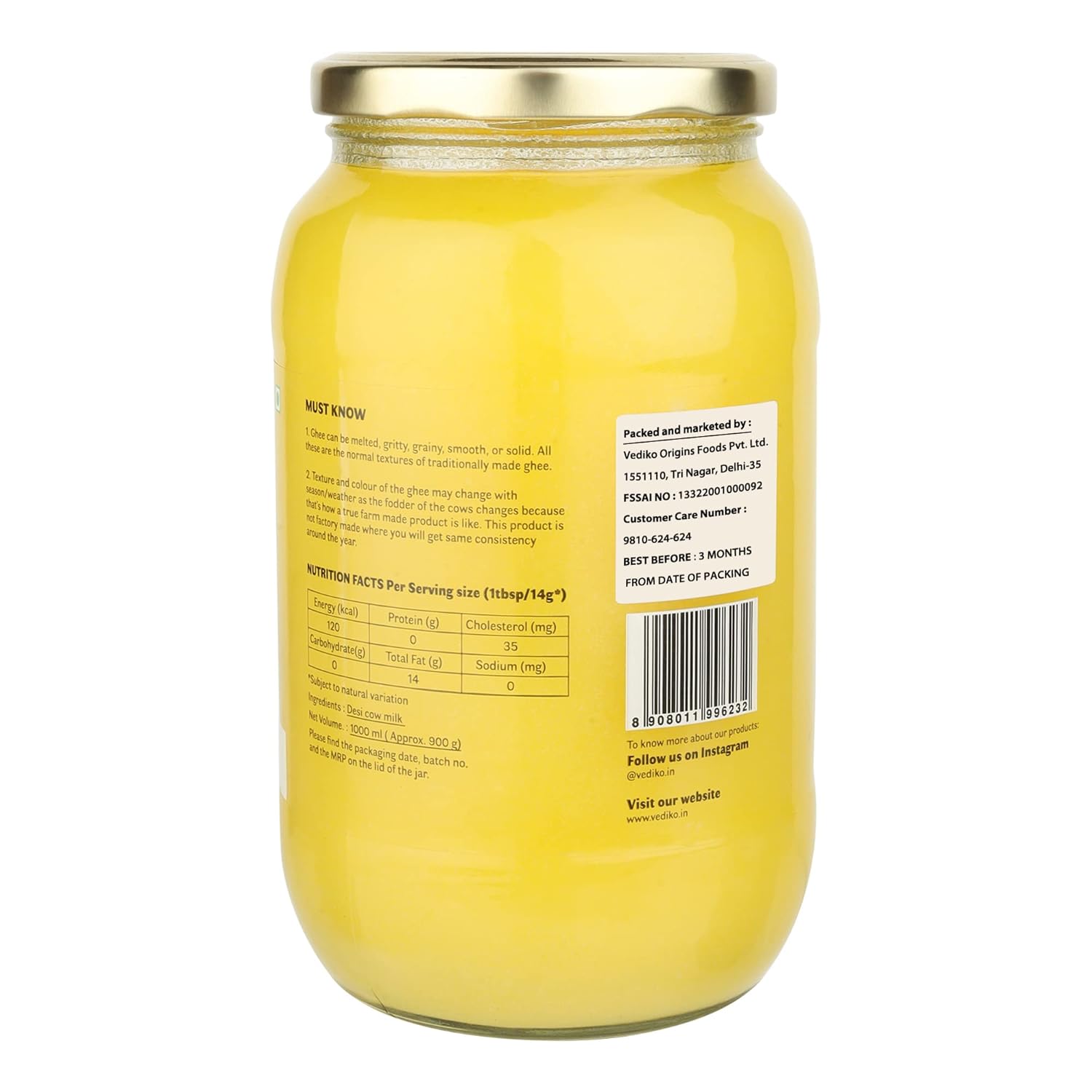 100% Natural Desi Cow Ghee By Vediko Origins | Natural & Healthy Sahiwal Breed Cow'S Milk Boost Your Energy With Premium & Traditional Ghee | (1 Litr) 33.8 Ounce | Jar Pack
