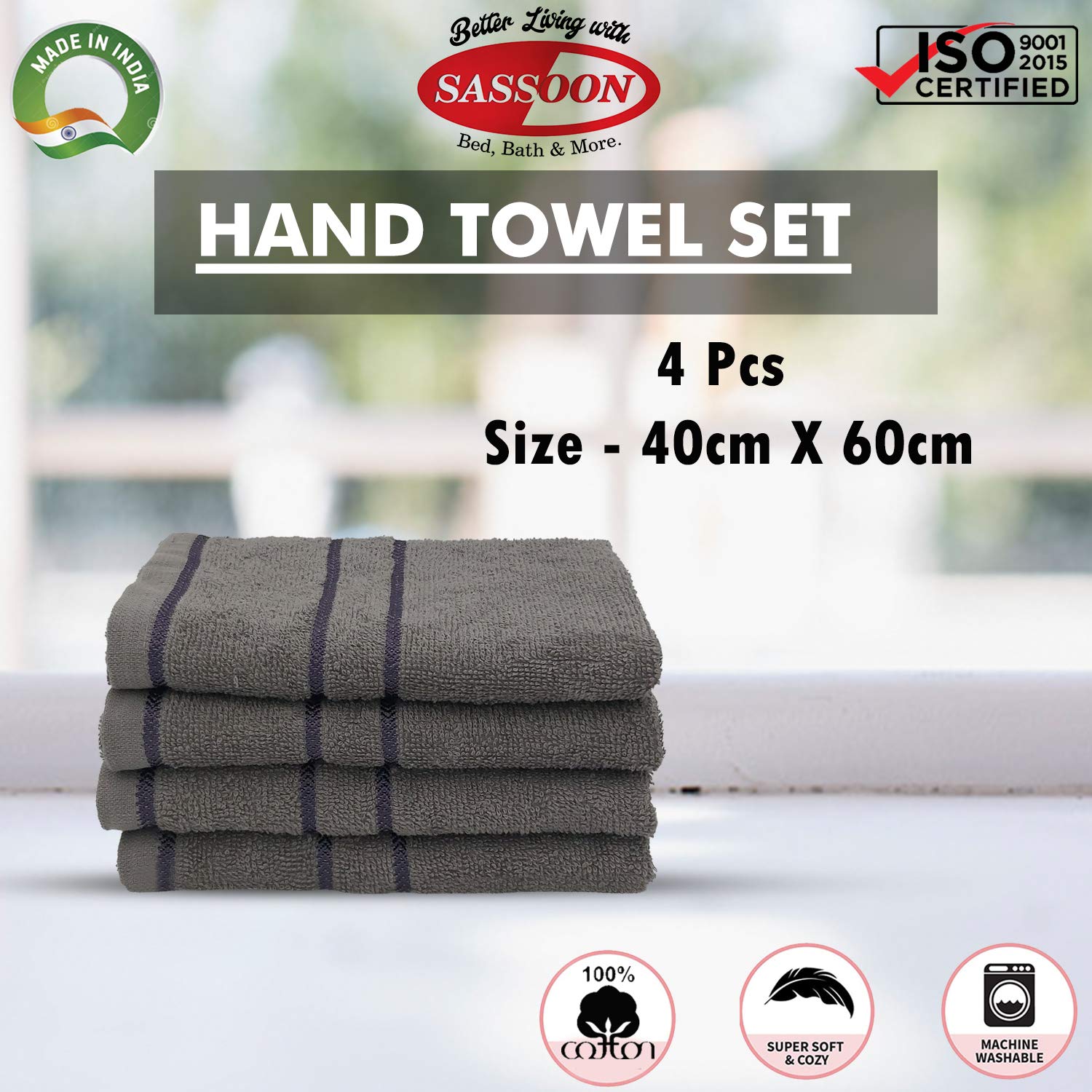 Sassoon Melrose 100% Cotton Hand Towel 800 Gsm | Highly Absorbent, Soft Material Perfect For Daily Use (Grey) -4 Piece