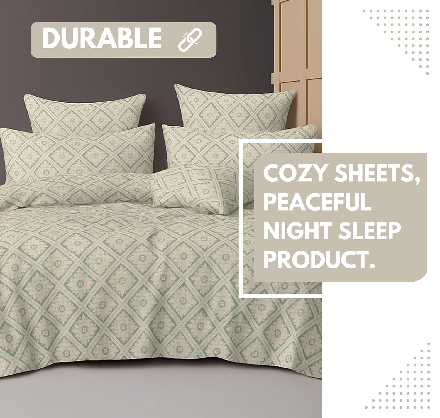Cotton Double Bedsheets King Size With 2 Pillow Covers | Size 78 X 72+10 Inches, White & Green - All Around Elastic Fitted Design Bedsheet