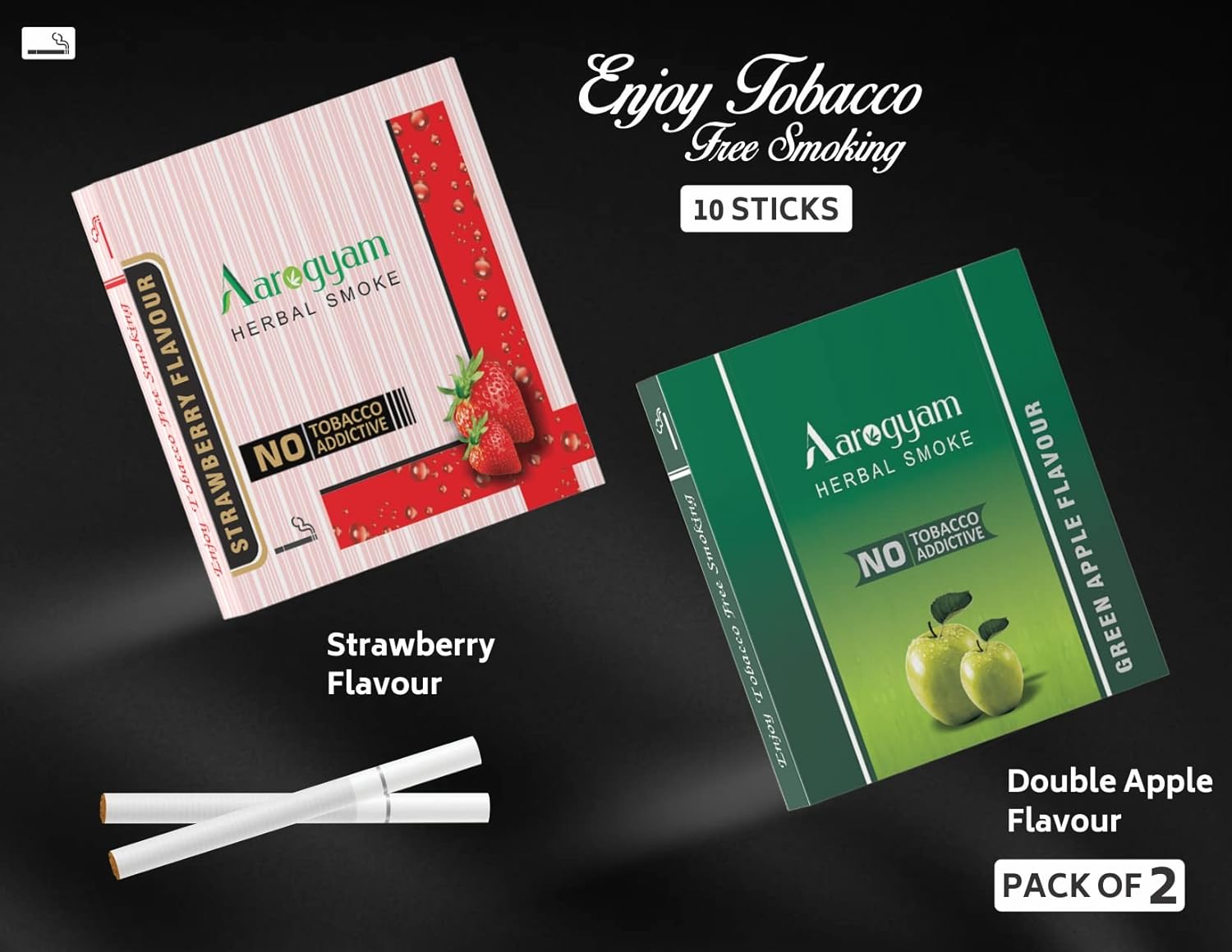 Aarogyam Herbals Pack Of 2 Flavours 100% Tobacco & Nicotine Free Cigarette For Relieve Stress & Mood Enhance Product Green Apple, Strawberry - 10 Sticks X 2 Packets