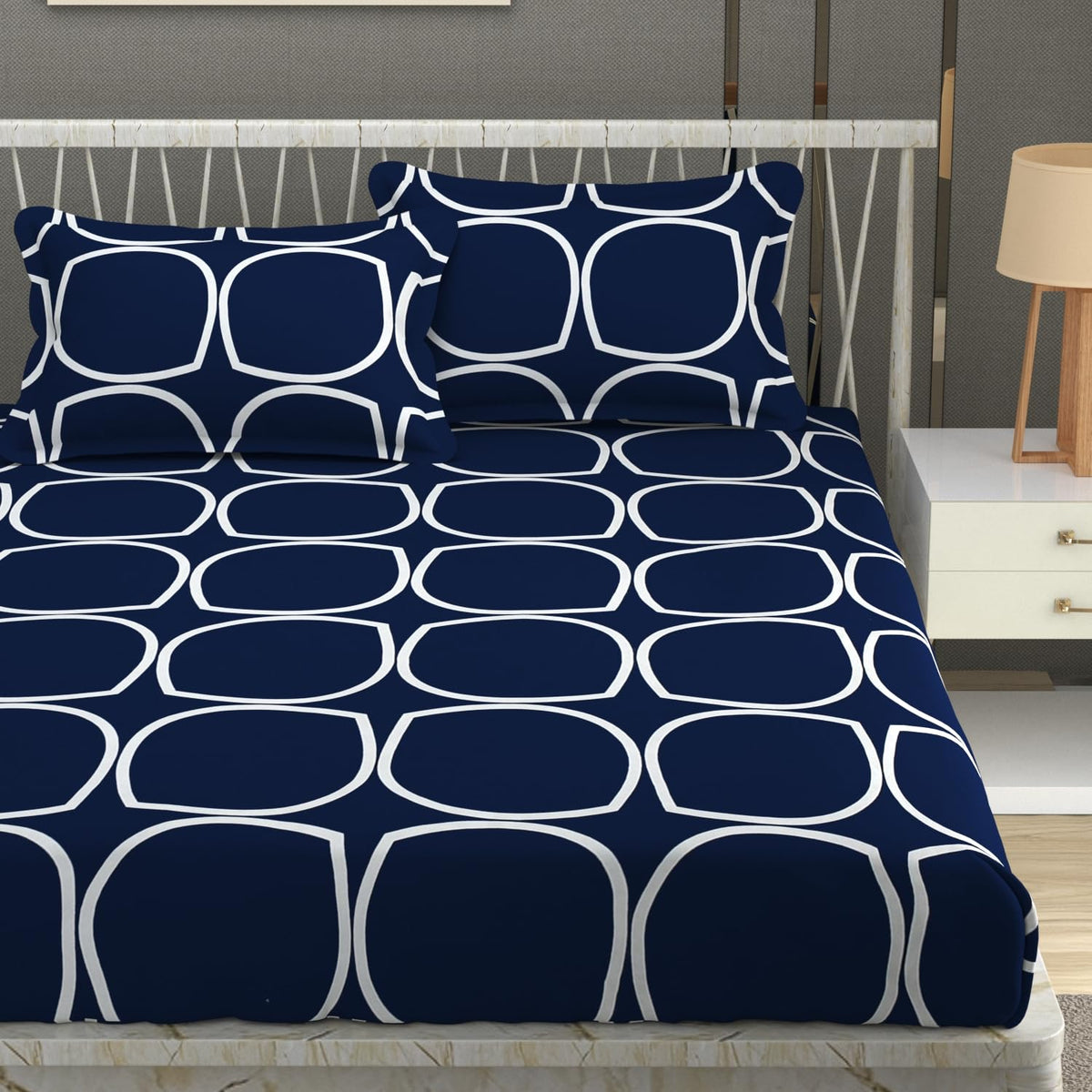 Cotton Elastic Fitted Bedsheets With 2 King Size Pillow Covers - 72 X 78 X 10 Inches, Dark Blue | Double Bed With All Around Elastic 350 Thread Count