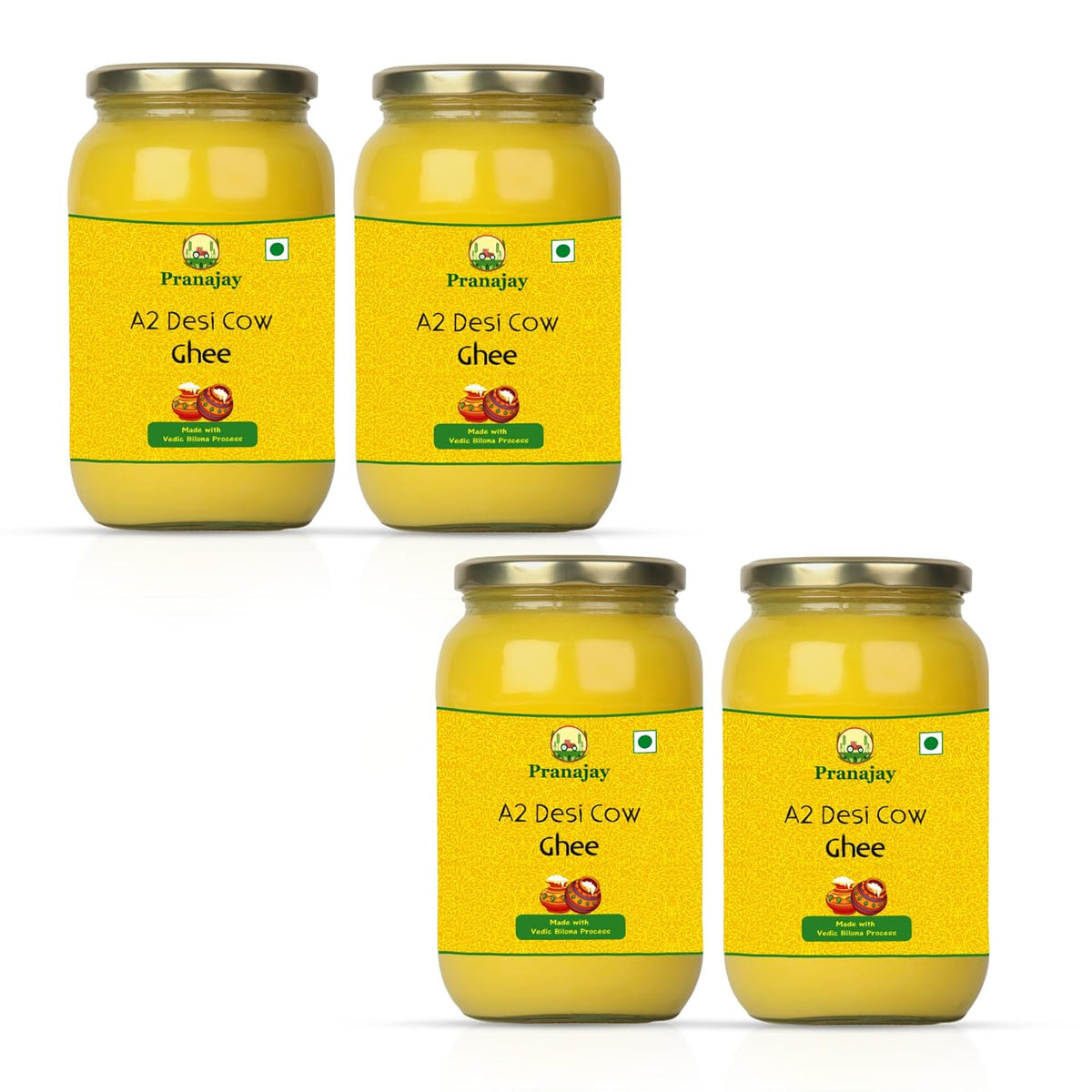 Premium A2 Desi Cow Ghee By Pranajay | Highly Nutritious & Healthy Vedic Bilona Method Desi Ghee Good For Laddus | 2 Litre (500ml * 4) 67.6 Ounce | Jar Pack